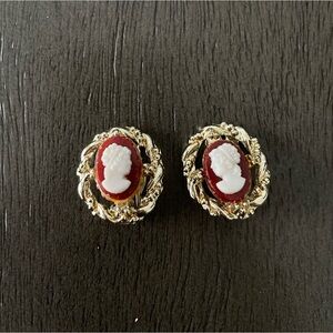 Cameo Clip On Earrings | Gold and Red